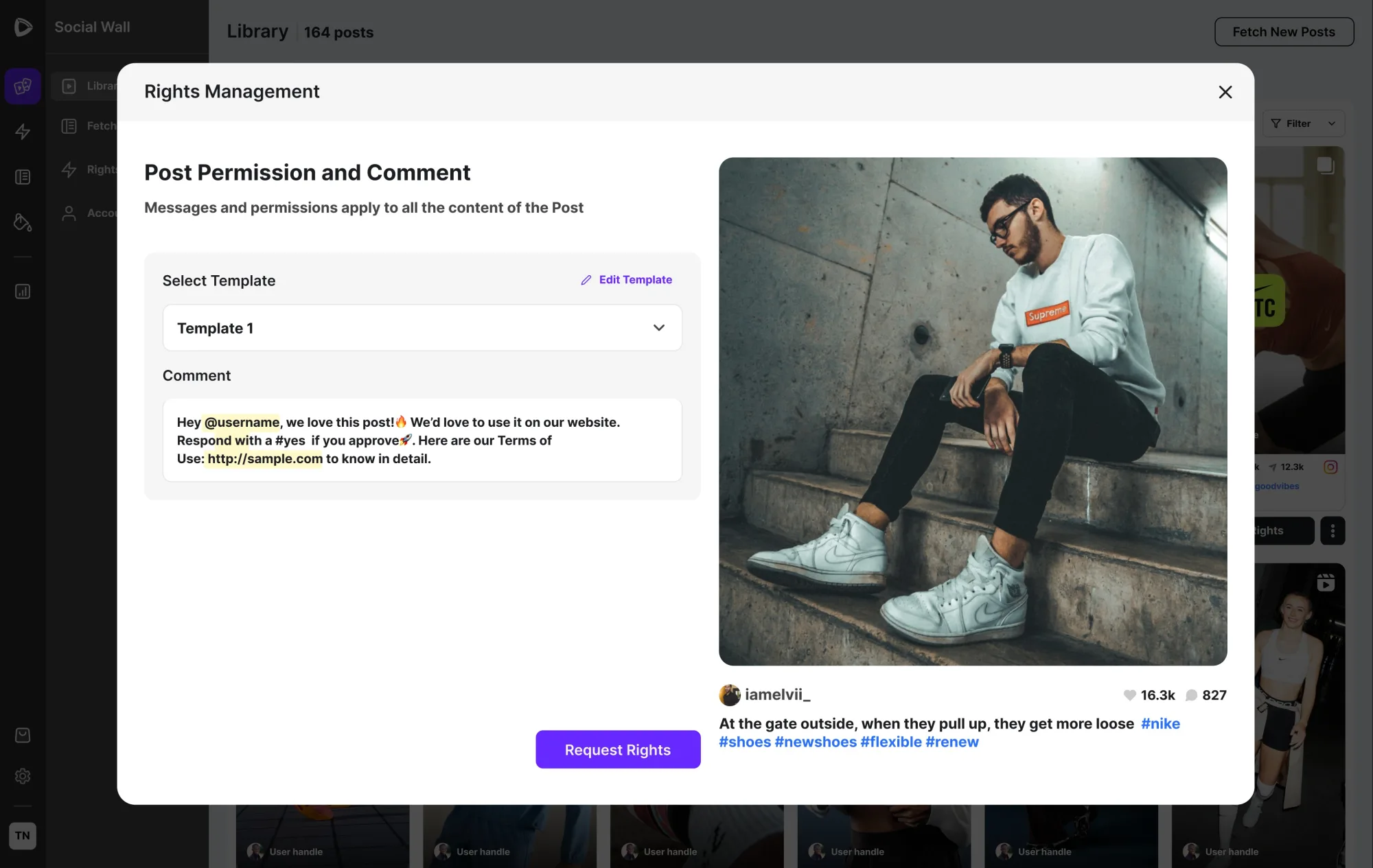 Rights request modal with template and live post preview