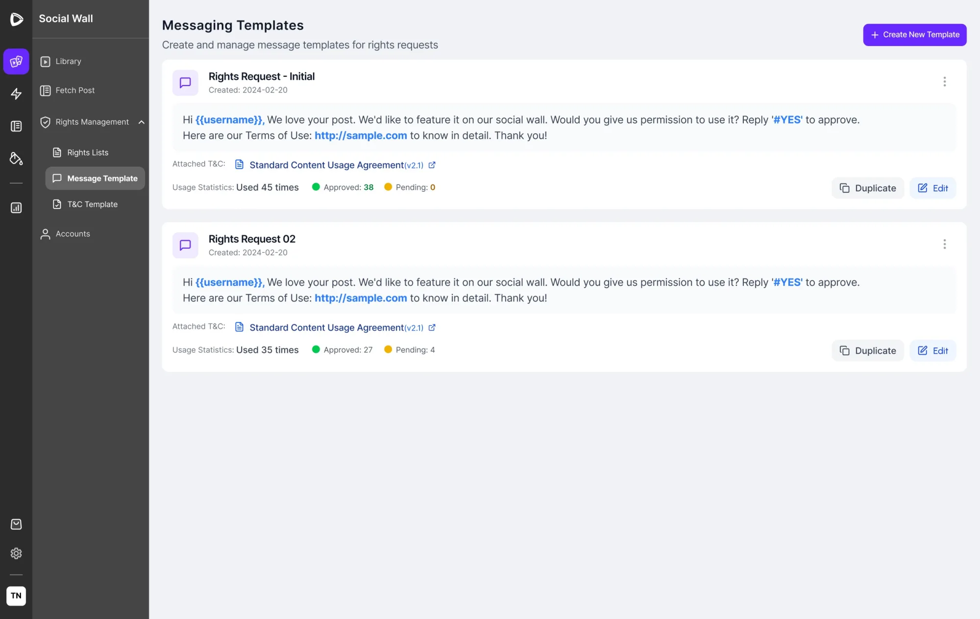 Message templates with approval rate per template